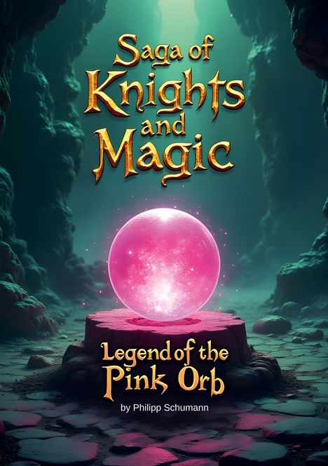 "Saga of Knights and Magic", "Legend of the Pink Orb" von Philipp Schumann. Ein leuchtender pinker Orb schwebt in einer Höhle.