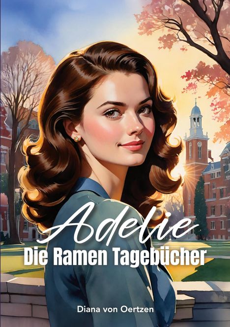 "Adelie: Die Ramen Tagebücher" von Diana von Oertzen, Porträt einer Frau vor herbstlicher Universitätskulisse.