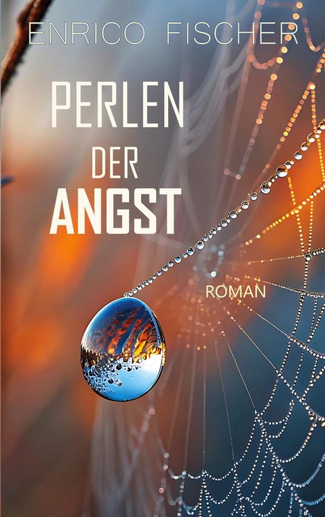 "PERLEN DER ANGST" von Enrico Fischer. Wassertropfen auf einem Spinnennetz im Licht, farbenfrohes Hintergrundspiel.