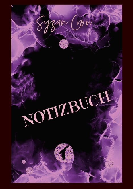 „NOTIZBUCH“ in großen Buchstaben, oben „Syzan Crow“. Lila abstrakte Muster umrahmen den Text.