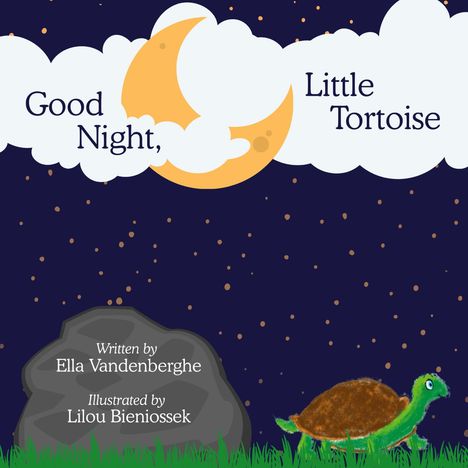 "Good Night, Little Tortoise" vor Mond, Wolken und Sternen. Grüne Schildkröte läuft im Gras neben einem Felsen.