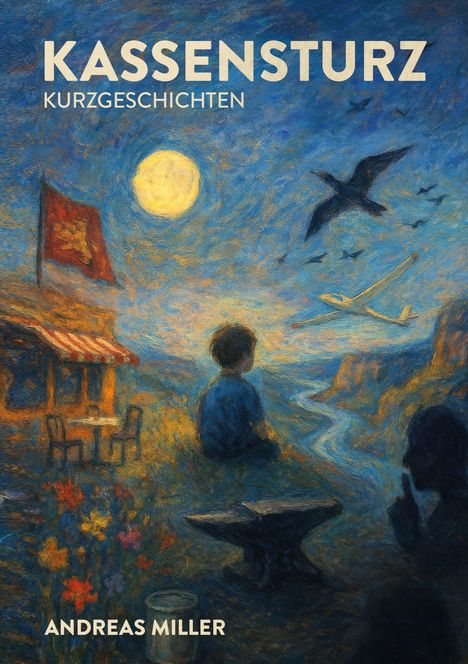 Oben: "KASSENSTURZ KURZGESCHICHTEN". Unten: "ANDREAS MILLER". Eine stimmungsvolle Illustration eines Kindes im Freien.