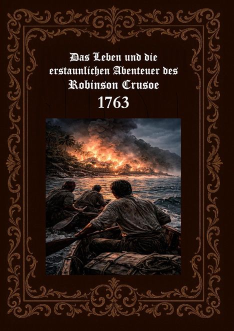 Buchtitel groß in Weiß: "Das Leben und die erstaunlichen Abenteuer des Robinson Crusoe 1763". Unten Illustration: Männer auf See vor brennender Küste.