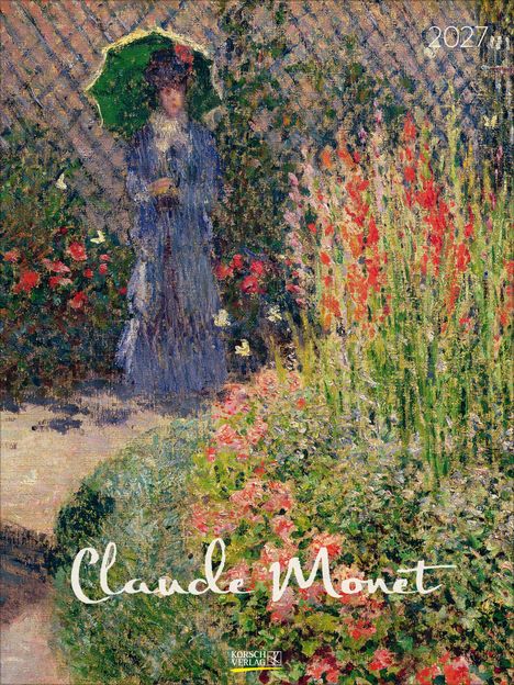 2027, Claude Monet. Eine Frau mit grünem Schirm in einem blühenden Garten, impressionistischer Stil.