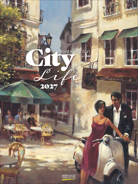 Text: "Brent Heighton, City Life 2027". Eine malerische Straßenszene mit einem Paar auf einem Roller vor einem Café.