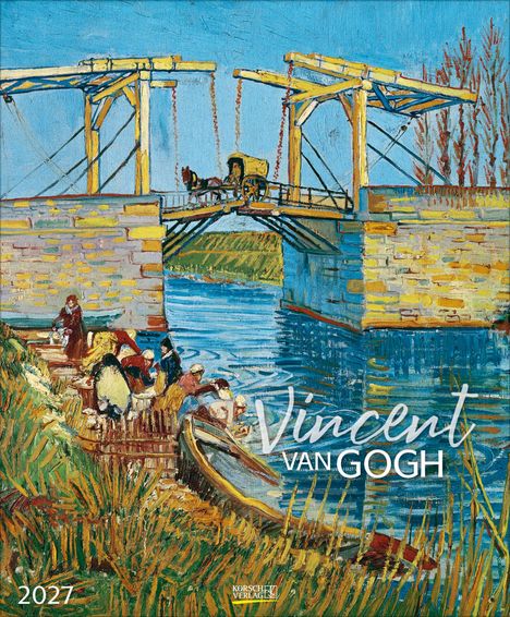 "Vincent van Gogh 2027" im Vordergrund. Illustration zeigt eine Brücke über einen Fluss, Personen am Ufer.