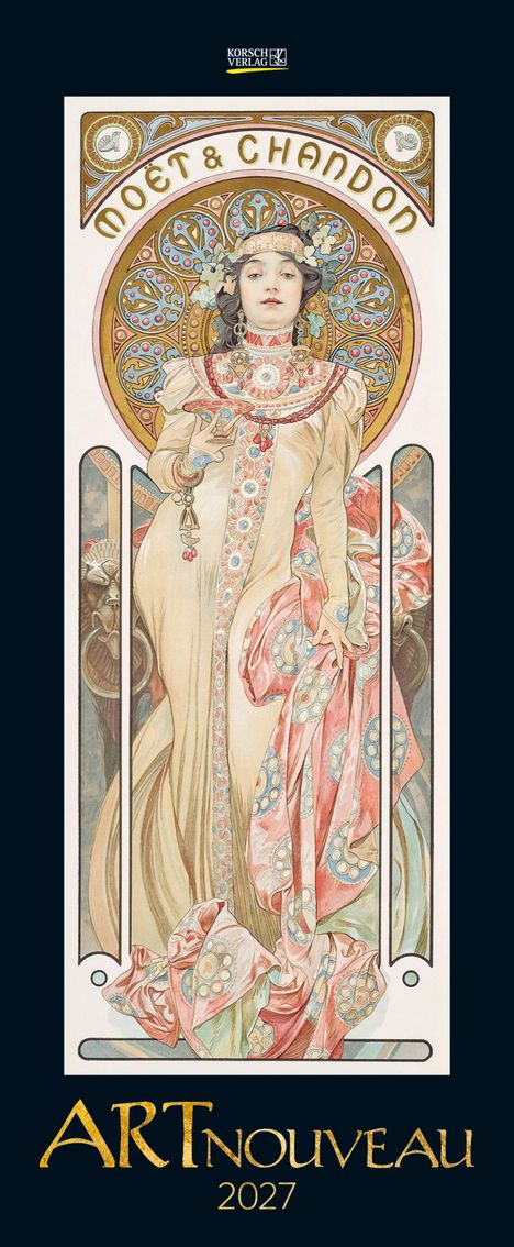 „Art Nouveau 2027“. „Moët & Chandon“. Illustration einer elegant gekleideten Frau mit detailreichem Hintergrund.