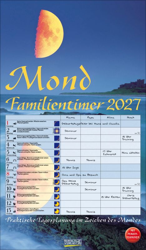 "Familientimer 2027. Praktische Tagesplanung im Zeichen des Mondes." Tabelle mit Mondphasen und Terminen.
