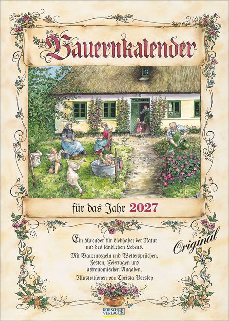 "Bauernkalender für das Jahr 2027." Illustration eines Bauernhofs mit Menschen, Tieren und Blumen in nostalgischer Szene.