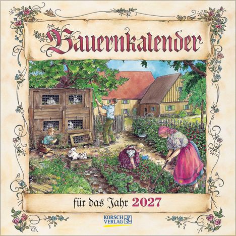 "Bauernkalender für das Jahr 2027." Illustration: Menschen arbeiten in einem Garten mit Tiergehegen und Blumen.