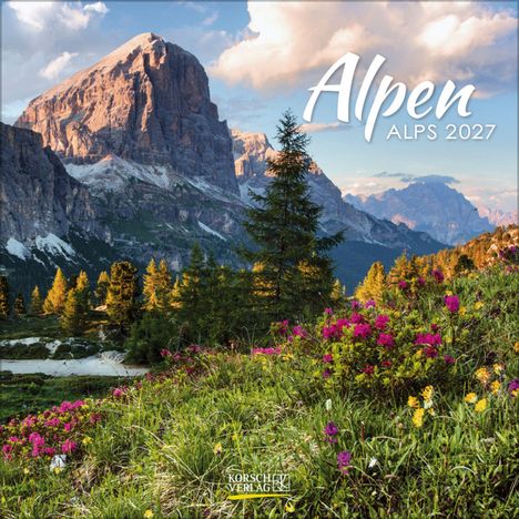 Text: „Alpen, Alps 2027“. Eine malerische Berglandschaft mit blühenden Wiesen und majestätischen Bergen im Hintergrund.