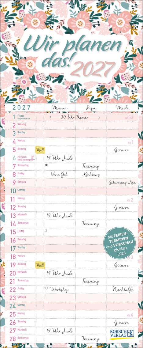 Familienplaner mit floralem Hintergrund. Überschrift: "Wir planen das! 2027". Monatstabelle mit Terminen.
