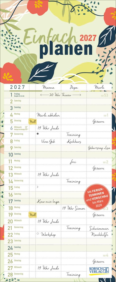 Kalender „Einfach planen 2027“ mit floralen Verzierungen. Spalten für Mama, Papa, Merle zeigen Termine und Notizen.
