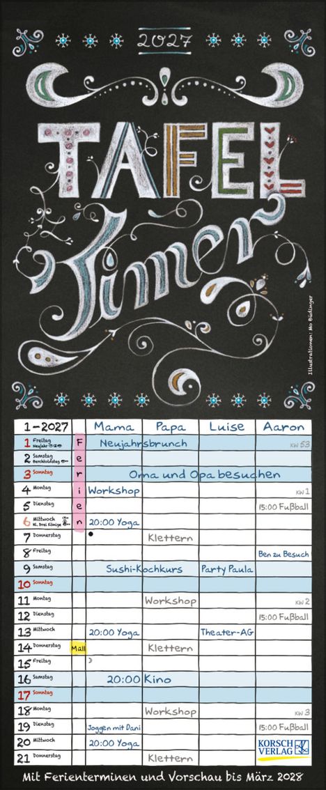 2027 Tafel Timer. Januar: Neujahrsbrunch, Workshop, Klettern, Party Paula. Kalender-Illustration mit verspielten Mustern.