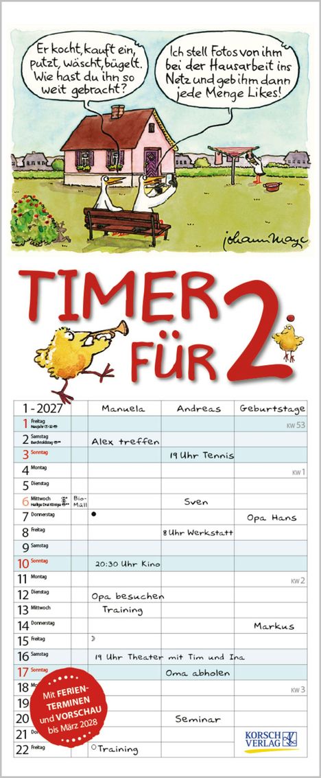 Ein Kalender für Januar 2027. Illustration: Zwei Vögel auf einer Bank reden über Haushalt und Likes. "TIMER FÜR 2".