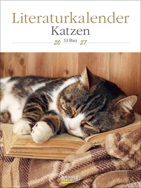 "Literaturkalender Katzen, 53 Blatt, 2027" steht oben. Eine schlafende gestreifte Katze ruht auf einem offenen Buch.