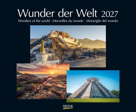 Titel "Wunder der Welt 2027". Fotos: Tempel auf Berg, Sonnenuntergang am Meer, Stufenpyramide.
