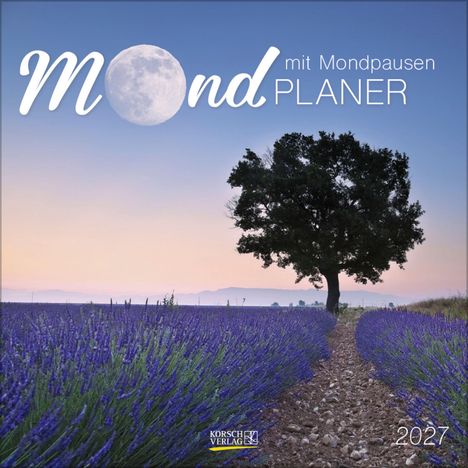 Mond PLANER mit Mondpausen 2027. Ein Baum steht in einem Lavendelfeld unter einem sanften Abendhimmel.