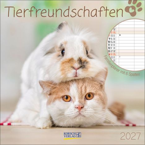 "Tierfreundschaften", "Familienplaner mit 6 Spalten", 2027. Oben ein Hase auf dem Kopf einer Katze.