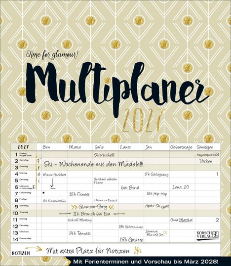 "Time for glamour! Multiplaner 2024. Mit extra Platz für Notizen. Mit Ferienterminen und Vorschau bis März 2028!" Ein stilvoller Kalender mit goldenen Mustern.