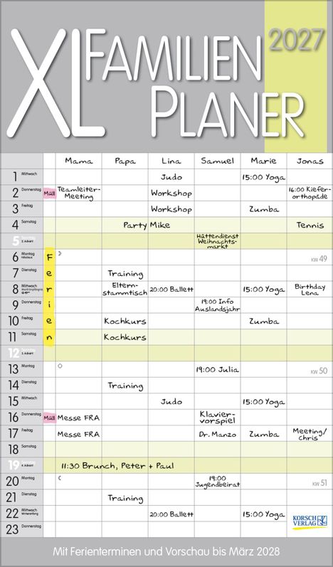 "XL Familien Planer 2027" in großen Buchstaben. Kalender mit Spalten für Familienmitglieder, Aktivitäten, und Wochentagen.