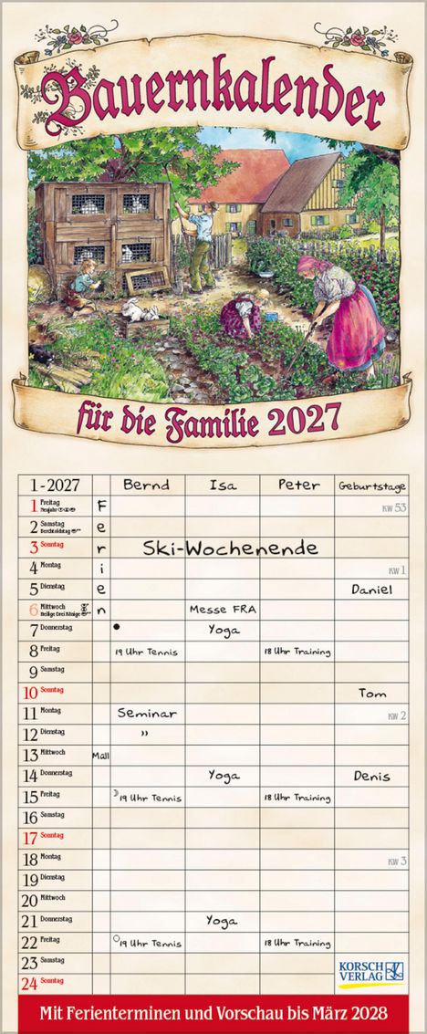 Text: „Bauernkalender für die Familie 2027“, „Ski-Wochenende“, „Yoga“. Illustration: ländliche Szene mit Personen im Garten.