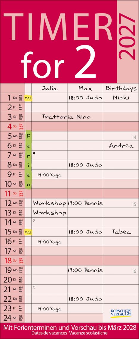 Kalenderüberschrift: "TIMER for 2 2027". Beispieltermine: 1. Do Mall, 5. Mo Ferien, 6. Di: 18:00 Judo.