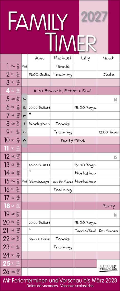 Kalenderübersicht: "Family Timer 2027". Aktivitäten wie "Tennis", "Training" und "Ballett" für Namen zusätzlich angegeben.