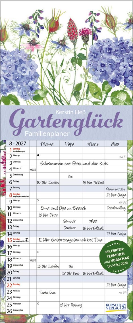 Kerstin Heß "Gartenglück" Familienplaner für August 2027. Illustration von Blumen mit einer Monatsübersicht und Notizen.