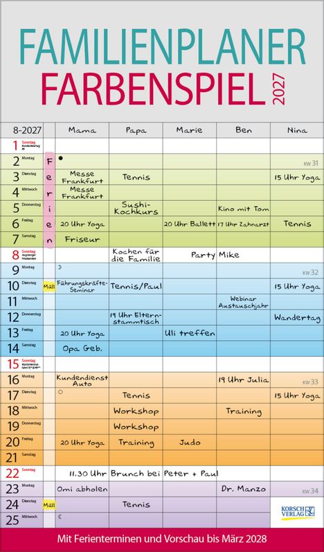 "FAMILIENPLANER FARBENSPIEL 2027" 8-2027, Termine für Mama, Papa, Marie, Ben, Nina. Mit Ferienterminen und Vorschau bis März 2028.