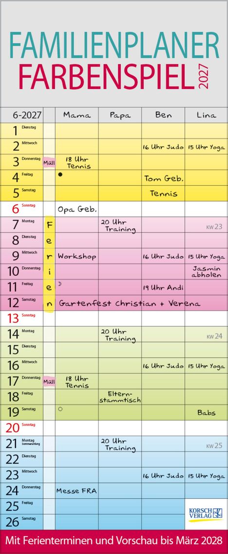 Familienplaner 2027. Spalten für Mama, Papa, Ben, Lina. Termine: Judo, Yoga, Training, Tennis, Opa Geb., Workshop, Messe FRA.