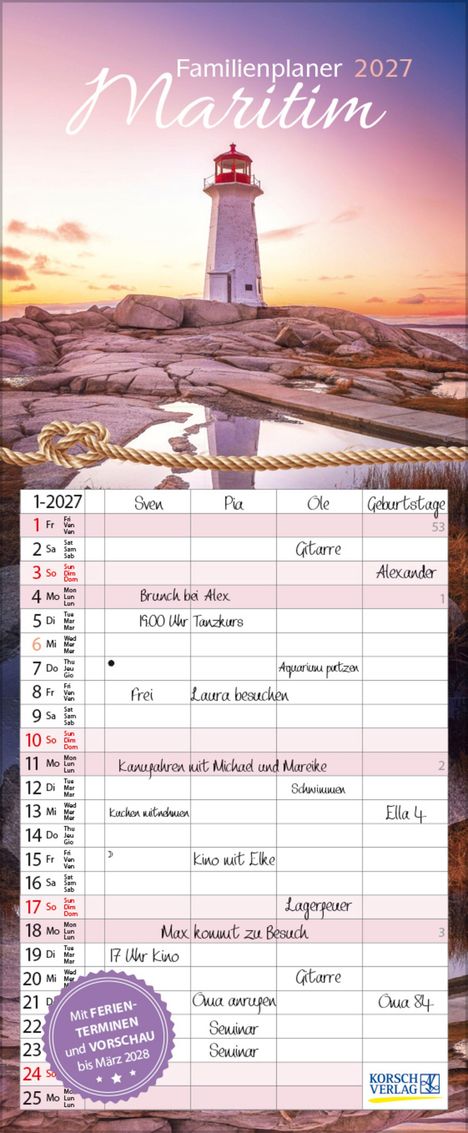 Familienplaner 2027, Maritim. Januar mit Terminen wie Brunch, Kino, Lagerfeuer. Bild: Leuchtturm bei Sonnenuntergang.