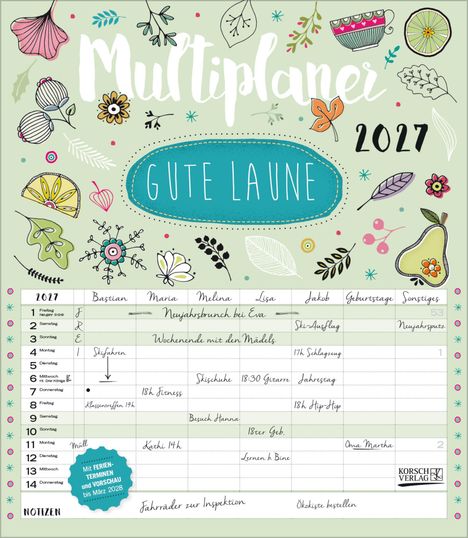 Ein Kalender für 2027 mit der Überschrift „Multiplaner Gute Laune“, verziert mit bunten floralen Illustrationen.