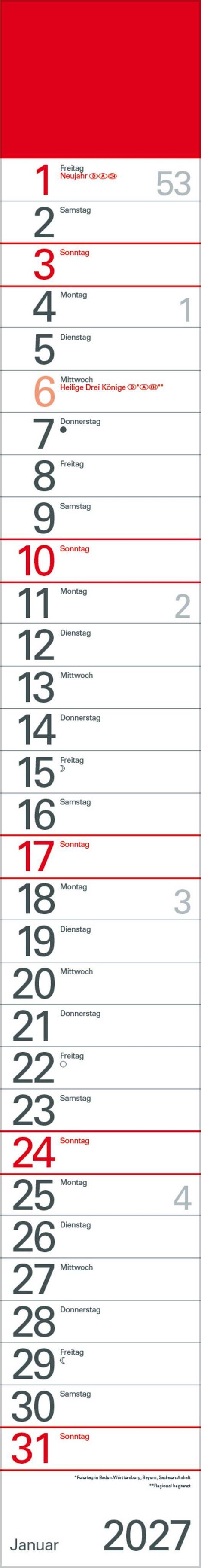 Kalender für Januar 2027. Feiertage: Neujahr am 1., Heilige Drei Könige am 6. Sonntage in Rot hervorgehoben.