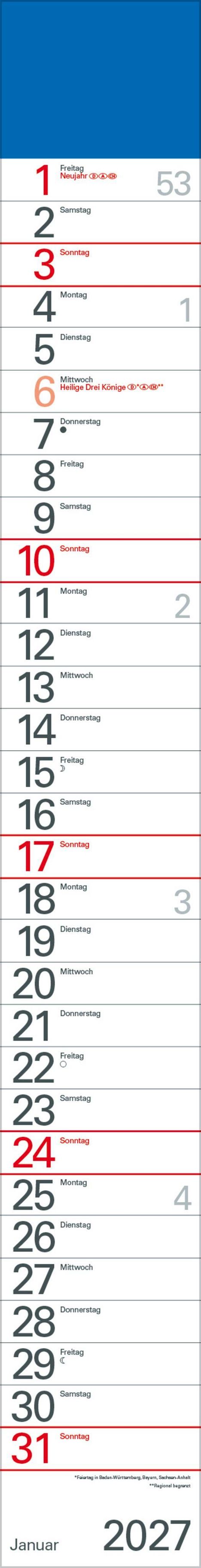 Kalenderseite für Januar 2027, beginnt mit Neujahr am 1., Heilige Drei Könige am 6. Feiertage sind markiert.