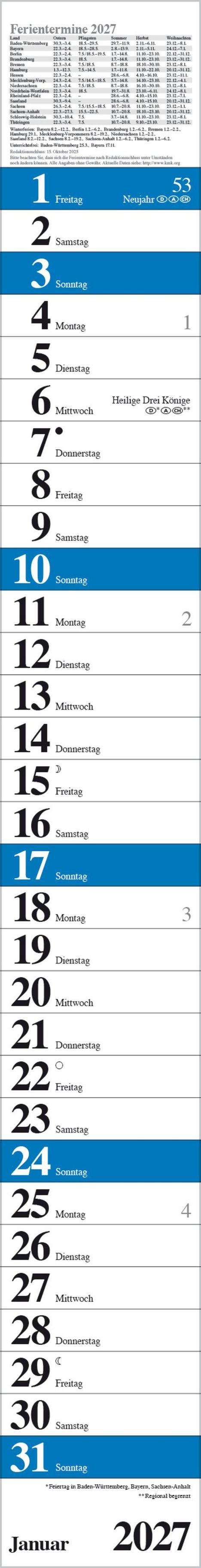 Kalender für Januar 2027. Feiertage und Wochentage sind aufgelistet. Feiertage am 1. und 6. Januar angegeben.
