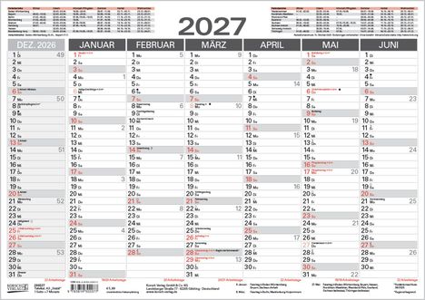 Kalender für 2027, Monate Januar bis Juni, Feiertage hervorgehoben. Arbeitstage pro Monat angegeben. Details zu Schulferien.
