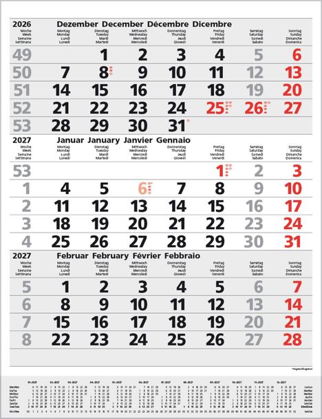 Kalender für 2026/2027 mit Monaten Dezember, Januar, Februar. Wochentage in mehreren Sprachen, Wochenzahlen links.
