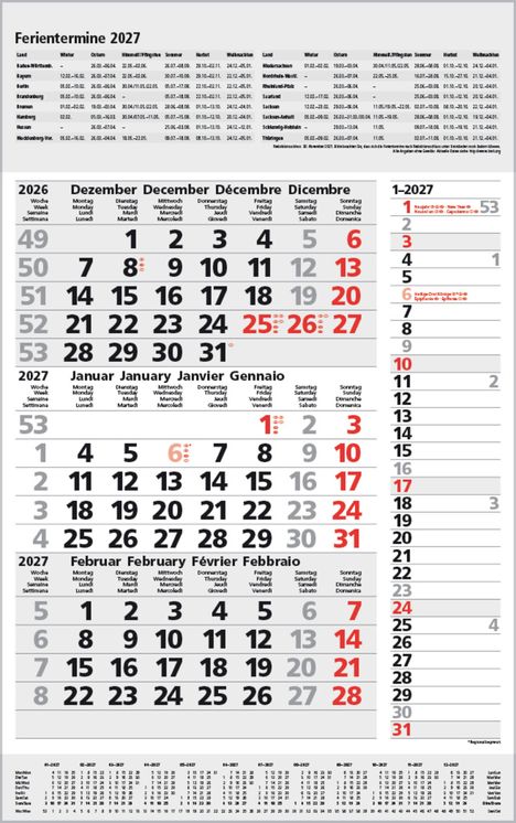 "Ferientermine 2027" oben, Monate Dezember 2026 bis Februar 2027 in Kalenderform, Feiertage rot markiert.