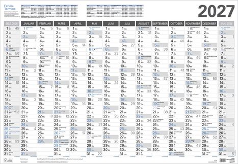 Kalender für 2027, enthält Feiertage und Schulferien. Monate sind in Spalten angeordnet, Tage blau markiert.
