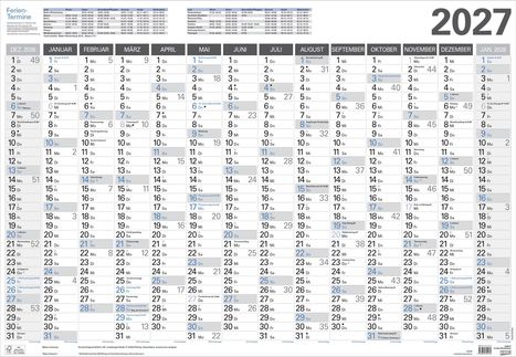 Kalender 2027 mit Feiertagen und Ferien-Terminen. Monate in Spalten, Tage untereinander. Feiertage blau markiert.