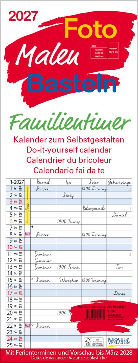 2027 Foto Malen Basteln Familienplaner. Kalender zum Selbstgestalten. Tabelle mit Terminen und Aktivitäten.