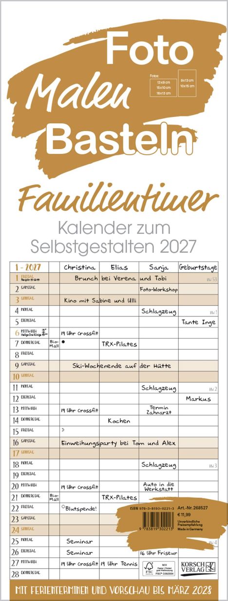 Foto, Malen, Basteln. Familientimer. Kalender zum Selbstgestalten 2027. Mit Ferienterminen und Vorschau bis März 2028.