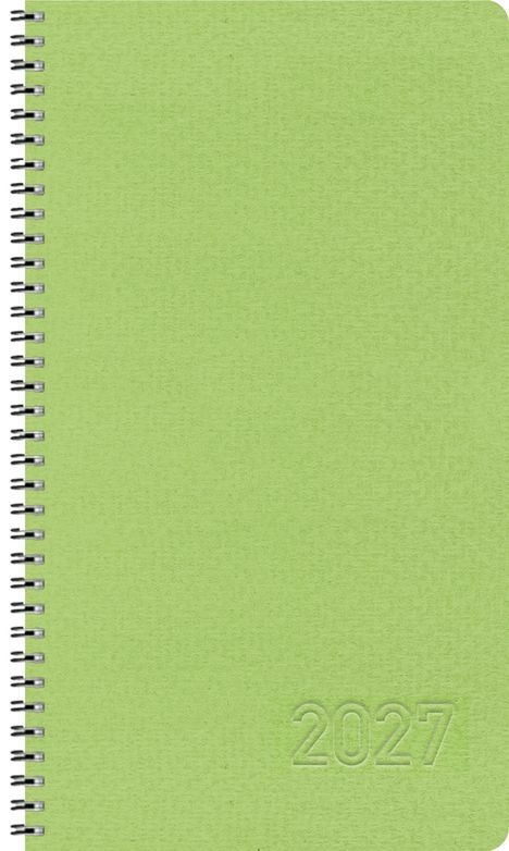 Ein hellgrünes Notizbuch mit Spiralbindung und der Prägung "2027" unten rechts.