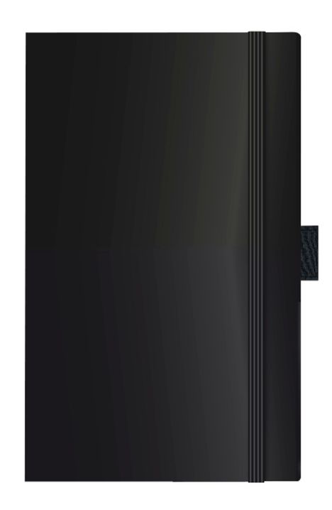 Ein schlichtes schwarzes Notizbuch, mit elastischem Band und Stifthalter an der Seite.