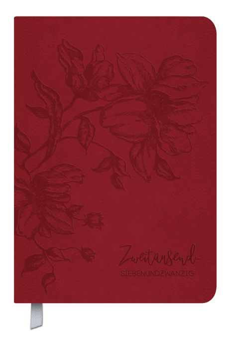 "Zweitausend Siebenundzwanzig." Florales Muster in Rot mit Blumenprägung, weiße Schlaufe links unten.