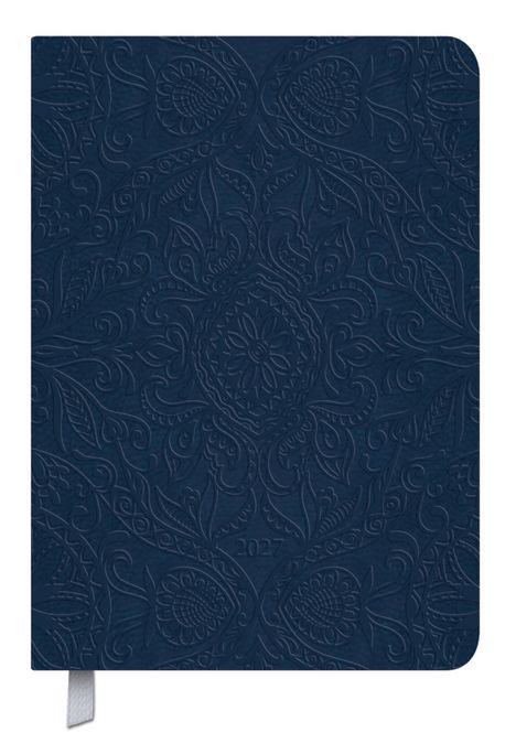 „2027“ ist in der Mitte eingeprägt. Ein detailliertes florales Muster ziert den dunkelblauen Einband.