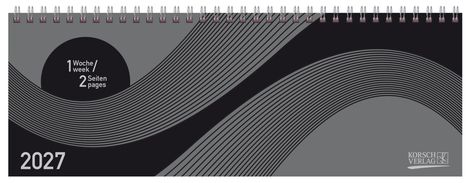 "1 Woche/week, 2 Seiten/pages, 2027. Abstrakte Wellenmuster, dunkelgraue Töne, Spiralbindung oben."