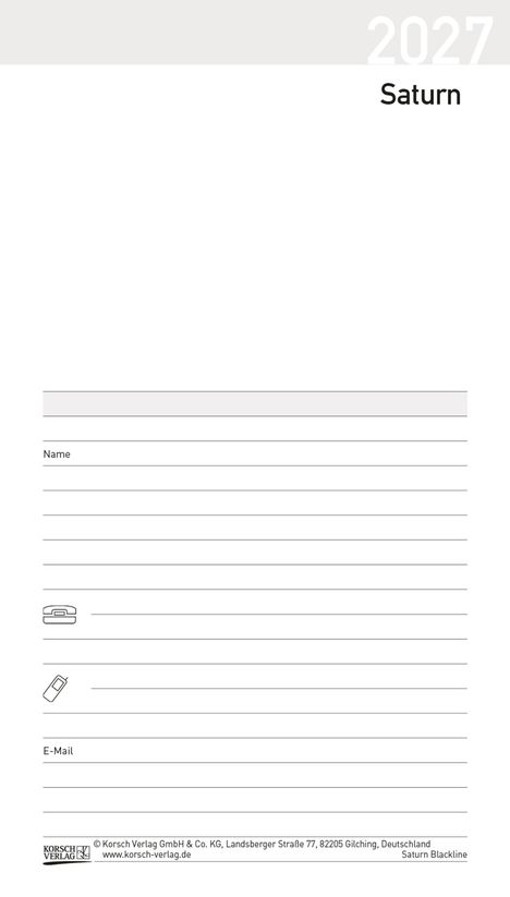 Oben steht "2027" und "Saturn". Darunter Linien mit Textfeldern für Name, Telefon und E-Mail.