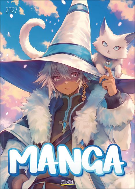 2027, MANGA. Junge mit langem, spitzem Hut, blauer Himmel, flauschige Katze auf Schulter, helle Farben.